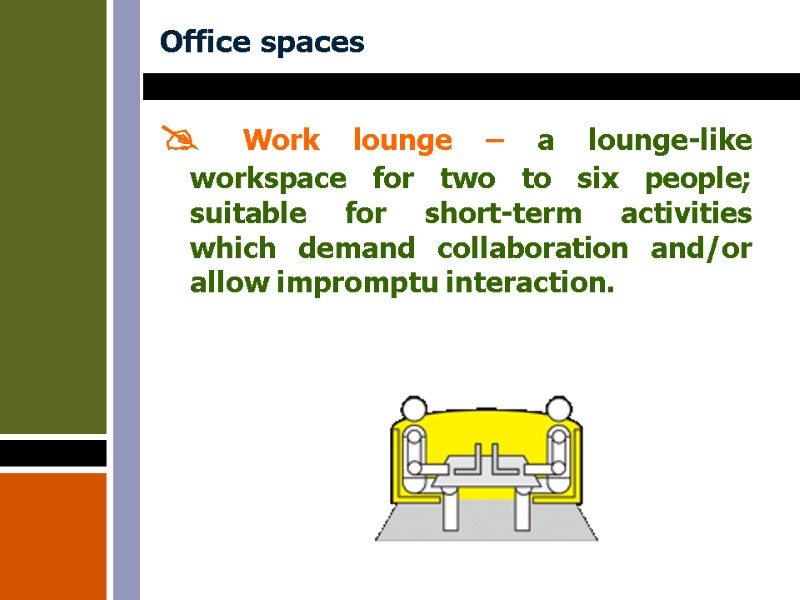 Office spaces  Work lounge – a lounge-like workspace for two to six people;